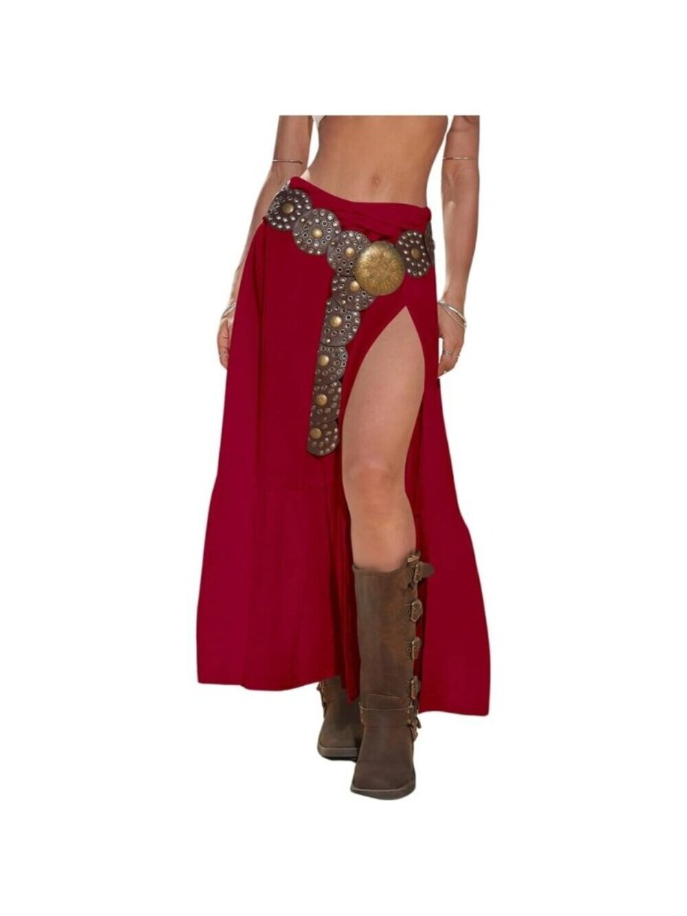 Women's Dark Red Western Low Rise Maxi Ruffle High Slit Cowgirl Skirts